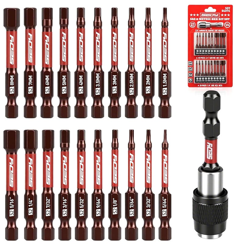 SEDY 21-Piece 2.5" Hex Head Allen Wrench Drill Bit Set, 1/4" Hex Screwdriver Bits Set with Durable Magnetic Impact Bit Holder, SAE & Metric Allen Key, S2 Steel, Mechanic Home Repair - Image 1